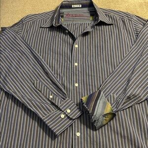 Robert Graham Men’s Long Sleeve Button Down Shirt Reverse Cuffs Blue White 2XL